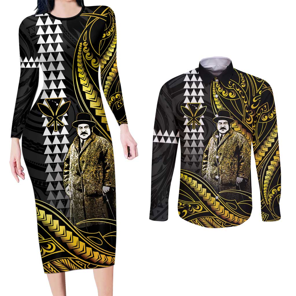 Hawaii Kuhio The Citizen Prince Couples Matching Long Sleeve Bodycon Dress and Long Sleeve Button Shirt Gold Polynesian Tribal Tattoo LT05 Gold - Polynesian Pride
