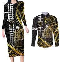 Hawaii Kuhio The Citizen Prince Couples Matching Long Sleeve Bodycon Dress and Long Sleeve Button Shirt Gold Polynesian Tribal Tattoo LT05 Gold - Polynesian Pride