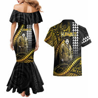 Hawaii Kuhio The Citizen Prince Couples Matching Mermaid Dress and Hawaiian Shirt Gold Polynesian Tribal Tattoo