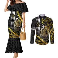 Hawaii Kuhio The Citizen Prince Couples Matching Mermaid Dress and Long Sleeve Button Shirt Gold Polynesian Tribal Tattoo