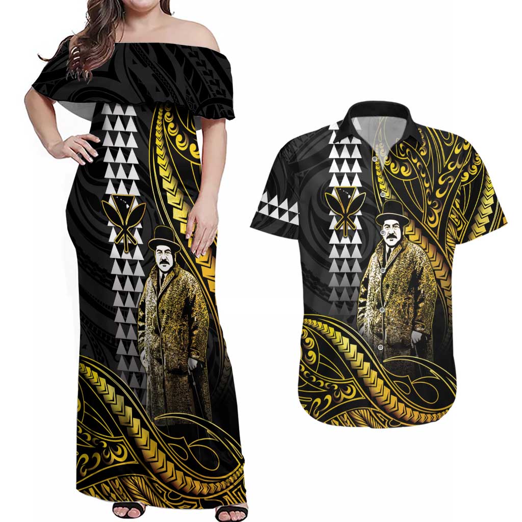 Hawaii Kuhio The Citizen Prince Couples Matching Off Shoulder Maxi Dress and Hawaiian Shirt Gold Polynesian Tribal Tattoo