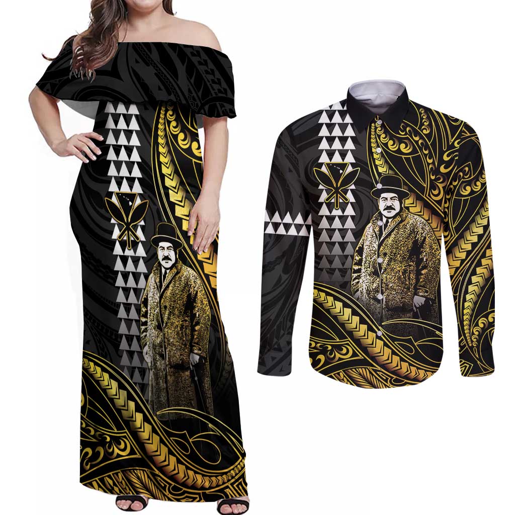 Hawaii Kuhio The Citizen Prince Couples Matching Off Shoulder Maxi Dress and Long Sleeve Button Shirt Gold Polynesian Tribal Tattoo