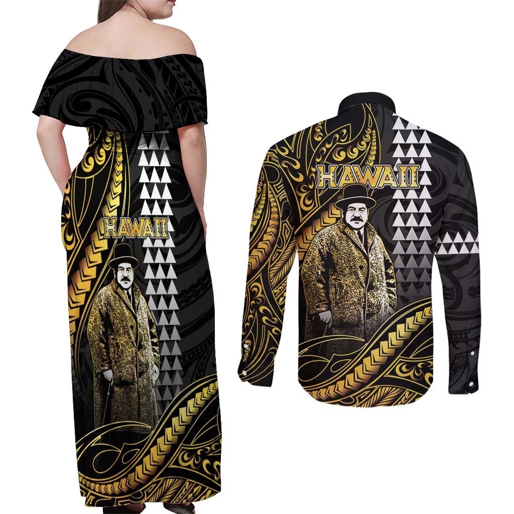 Hawaii Kuhio The Citizen Prince Couples Matching Off Shoulder Maxi Dress and Long Sleeve Button Shirt Gold Polynesian Tribal Tattoo