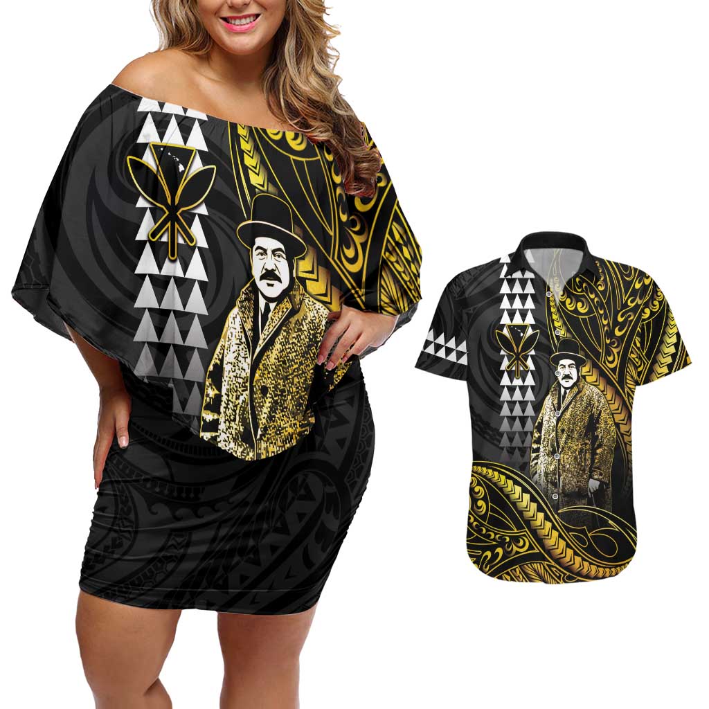 Hawaii Kuhio The Citizen Prince Couples Matching Off Shoulder Short Dress and Hawaiian Shirt Gold Polynesian Tribal Tattoo LT05 Gold - Polynesian Pride