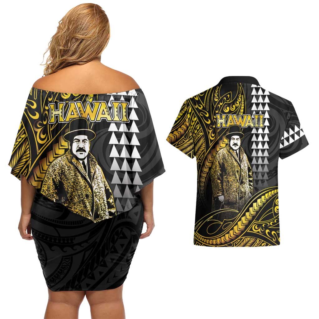 Hawaii Kuhio The Citizen Prince Couples Matching Off Shoulder Short Dress and Hawaiian Shirt Gold Polynesian Tribal Tattoo LT05 - Polynesian Pride