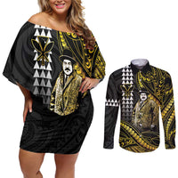 Hawaii Kuhio The Citizen Prince Couples Matching Off Shoulder Short Dress and Long Sleeve Button Shirt Gold Polynesian Tribal Tattoo