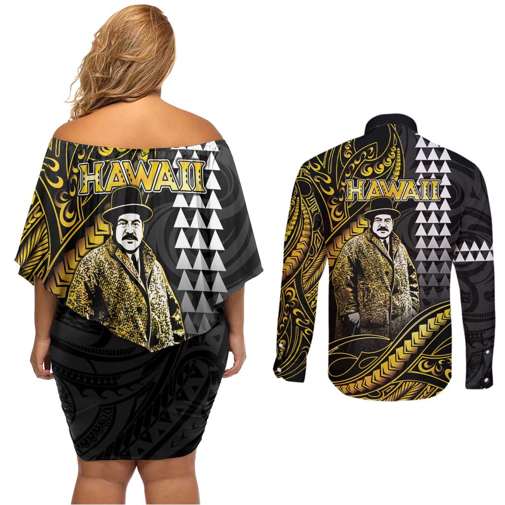 Hawaii Kuhio The Citizen Prince Couples Matching Off Shoulder Short Dress and Long Sleeve Button Shirt Gold Polynesian Tribal Tattoo