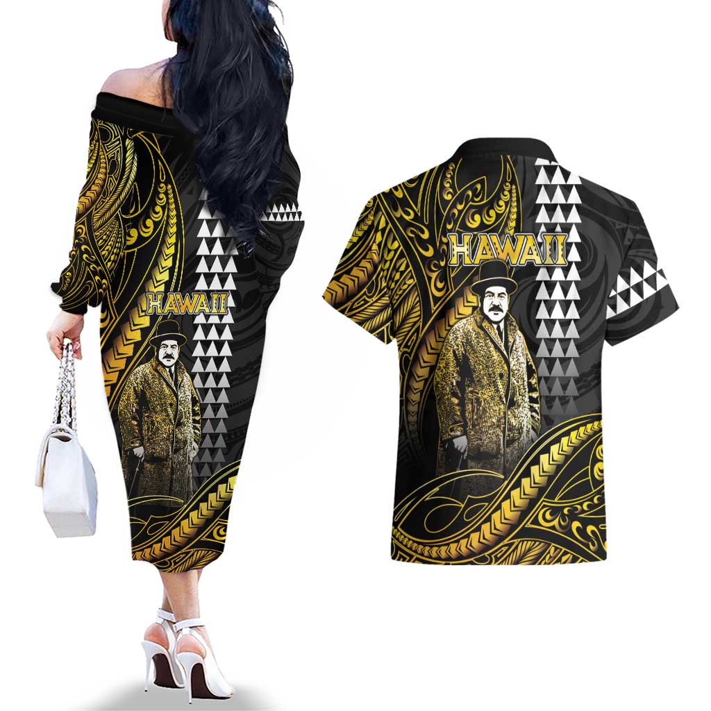 Hawaii Kuhio The Citizen Prince Couples Matching Off The Shoulder Long Sleeve Dress and Hawaiian Shirt Gold Polynesian Tribal Tattoo LT05 - Polynesian Pride