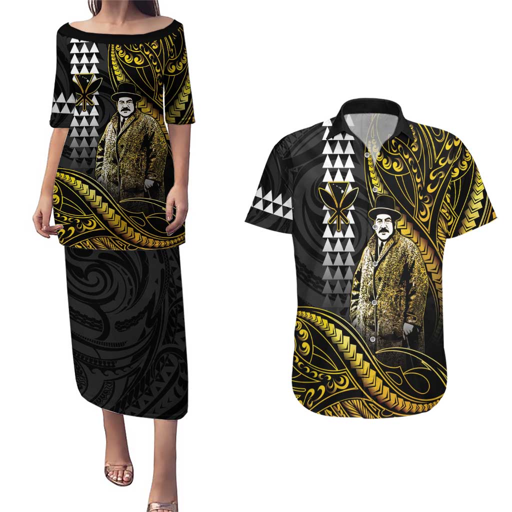Hawaii Kuhio The Citizen Prince Couples Matching Puletasi and Hawaiian Shirt Gold Polynesian Tribal Tattoo