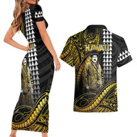 Hawaii Kuhio The Citizen Prince Couples Matching Short Sleeve Bodycon Dress and Hawaiian Shirt Gold Polynesian Tribal Tattoo