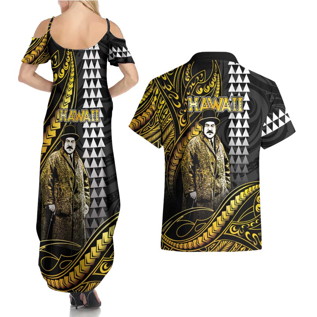 Hawaii Kuhio The Citizen Prince Couples Matching Summer Maxi Dress and Hawaiian Shirt Gold Polynesian Tribal Tattoo