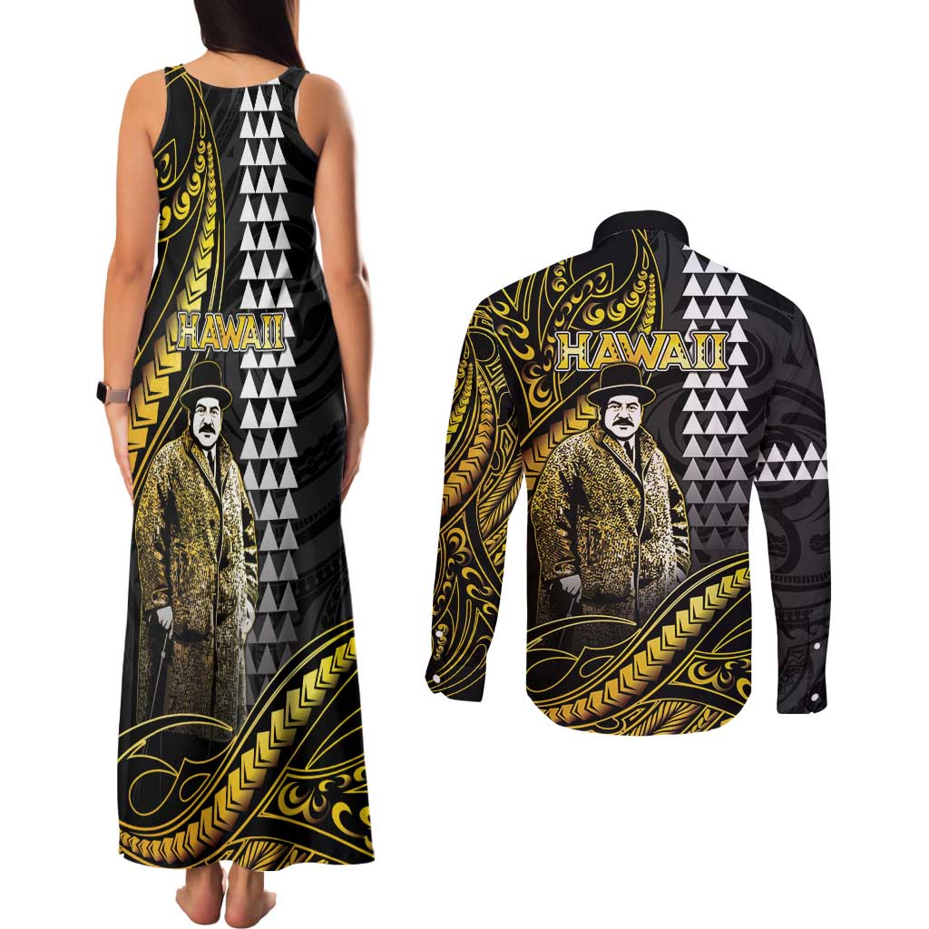 Hawaii Kuhio The Citizen Prince Couples Matching Tank Maxi Dress and Long Sleeve Button Shirt Gold Polynesian Tribal Tattoo