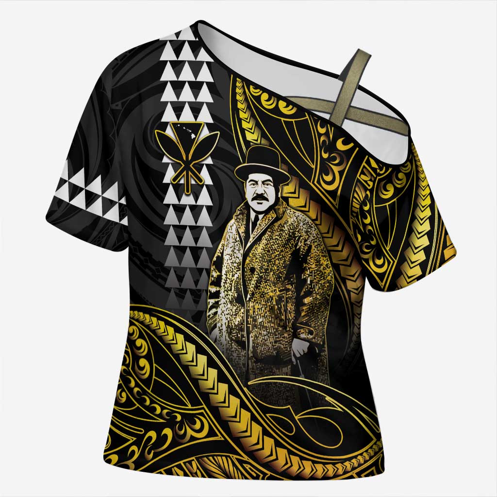 Hawaii Kuhio The Citizen Prince Cross Shoulder Shirt Gold Polynesian Tribal Tattoo