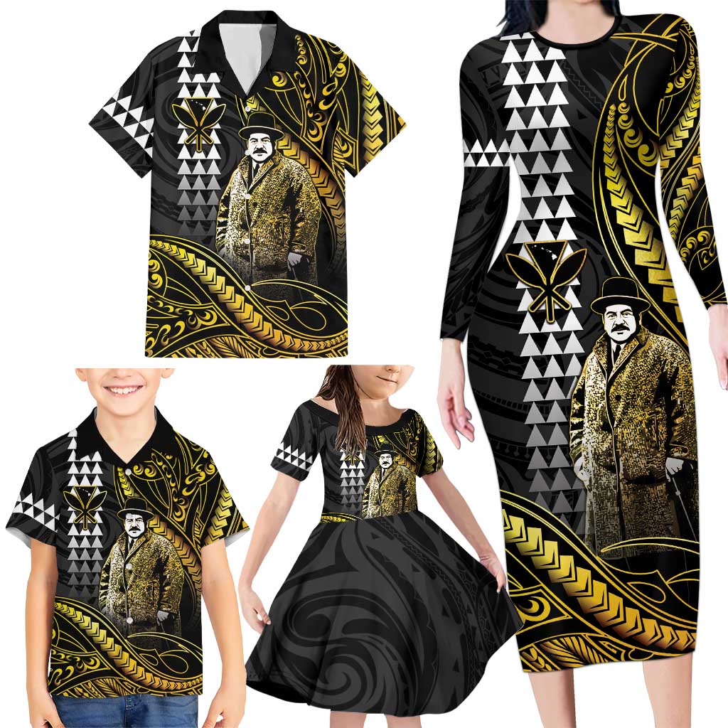 Hawaii Kuhio The Citizen Prince Family Matching Long Sleeve Bodycon Dress and Hawaiian Shirt Gold Polynesian Tribal Tattoo
