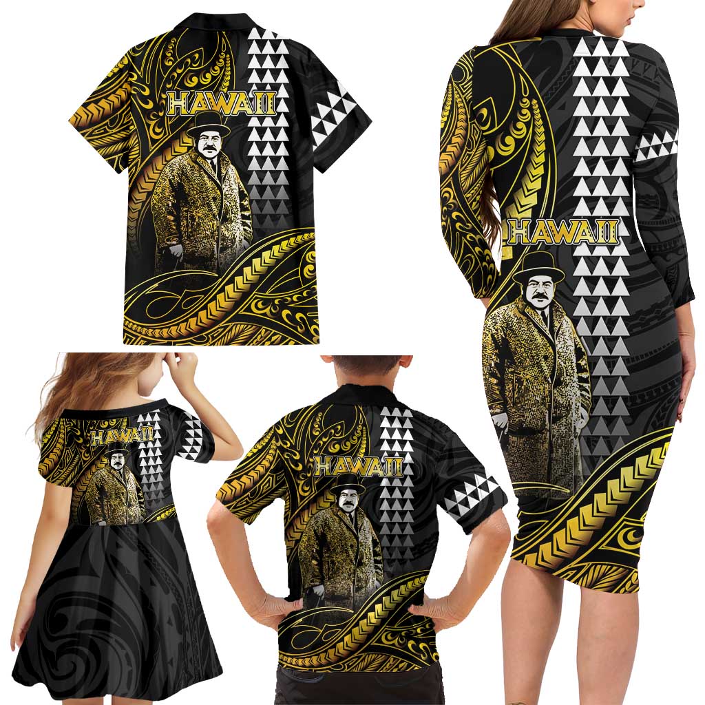Hawaii Kuhio The Citizen Prince Family Matching Long Sleeve Bodycon Dress and Hawaiian Shirt Gold Polynesian Tribal Tattoo