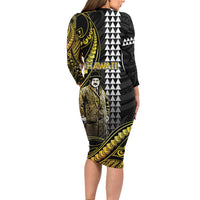 Hawaii Kuhio The Citizen Prince Family Matching Long Sleeve Bodycon Dress and Hawaiian Shirt Gold Polynesian Tribal Tattoo