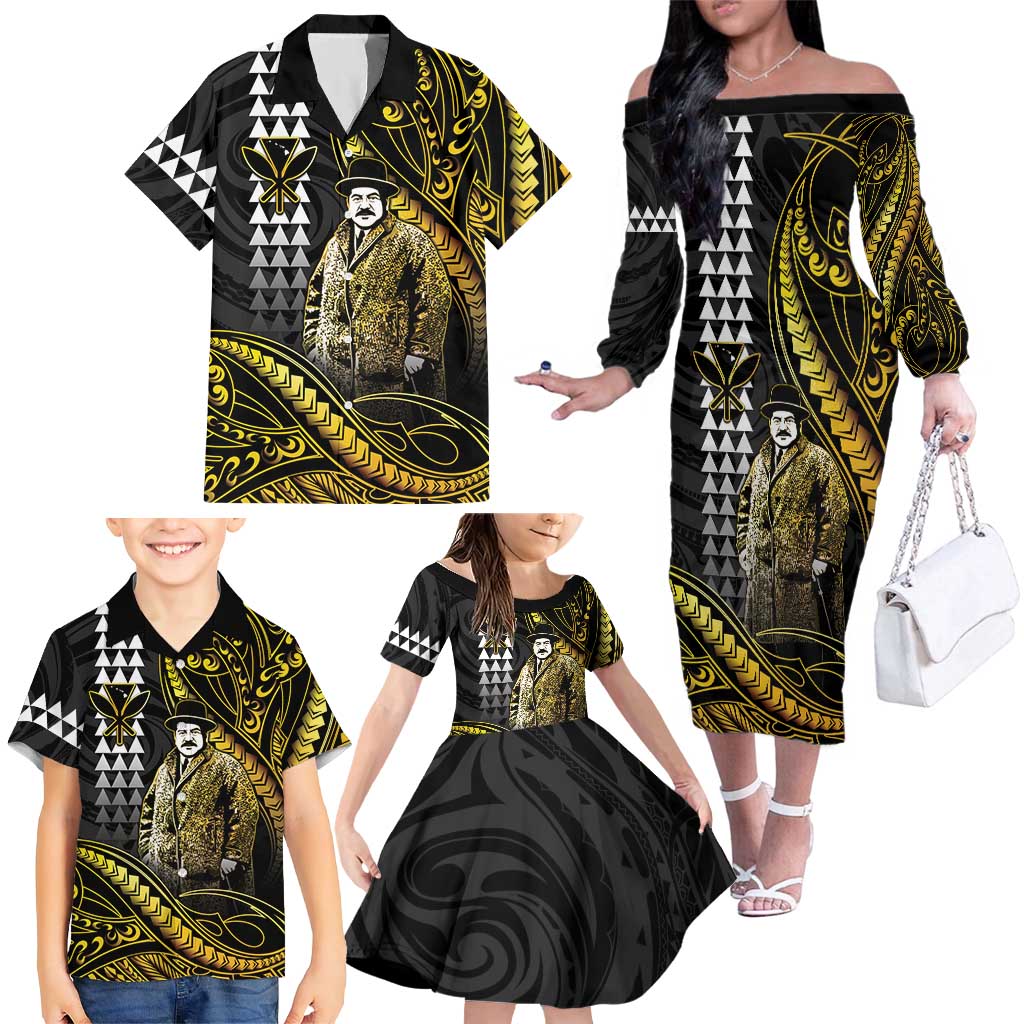 Hawaii Kuhio The Citizen Prince Family Matching Off The Shoulder Long Sleeve Dress and Hawaiian Shirt Gold Polynesian Tribal Tattoo