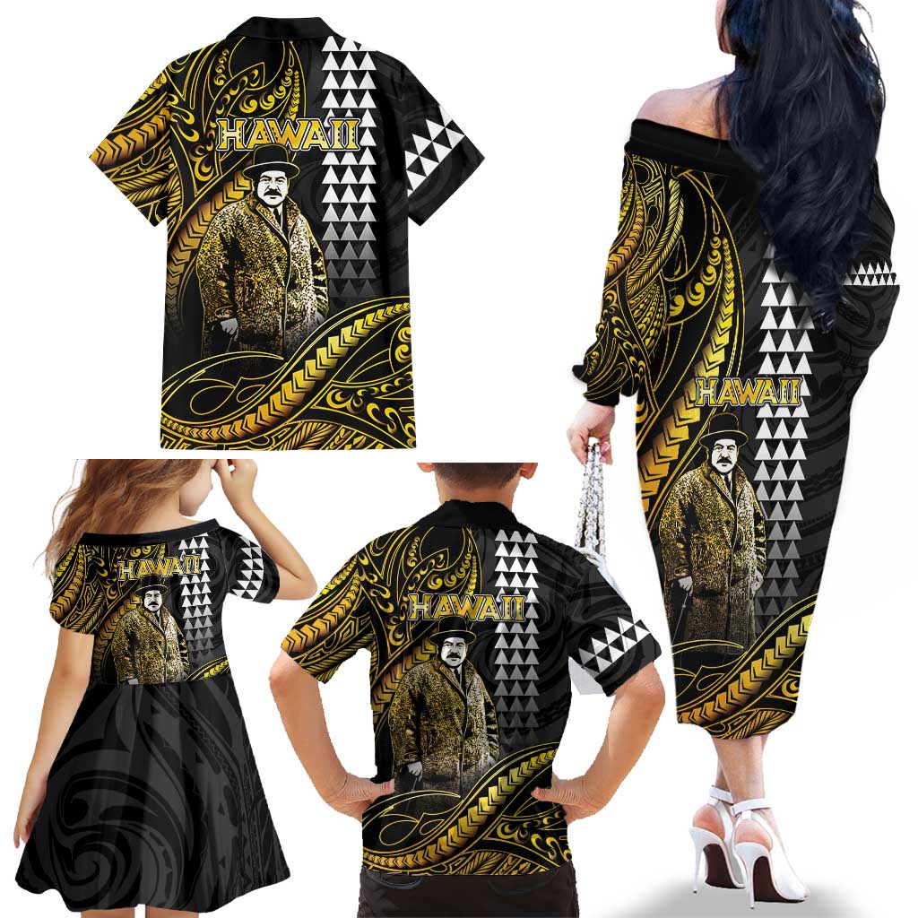 Hawaii Kuhio The Citizen Prince Family Matching Off The Shoulder Long Sleeve Dress and Hawaiian Shirt Gold Polynesian Tribal Tattoo