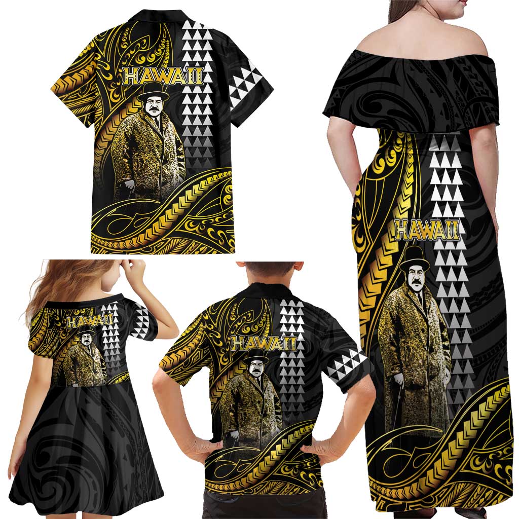 Hawaii Kuhio The Citizen Prince Family Matching Off Shoulder Maxi Dress and Hawaiian Shirt Gold Polynesian Tribal Tattoo