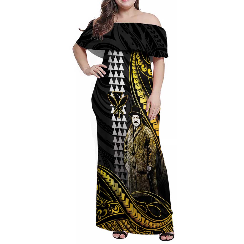 Hawaii Kuhio The Citizen Prince Family Matching Off Shoulder Maxi Dress and Hawaiian Shirt Gold Polynesian Tribal Tattoo