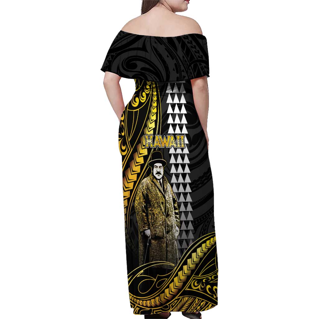 Hawaii Kuhio The Citizen Prince Family Matching Off Shoulder Maxi Dress and Hawaiian Shirt Gold Polynesian Tribal Tattoo
