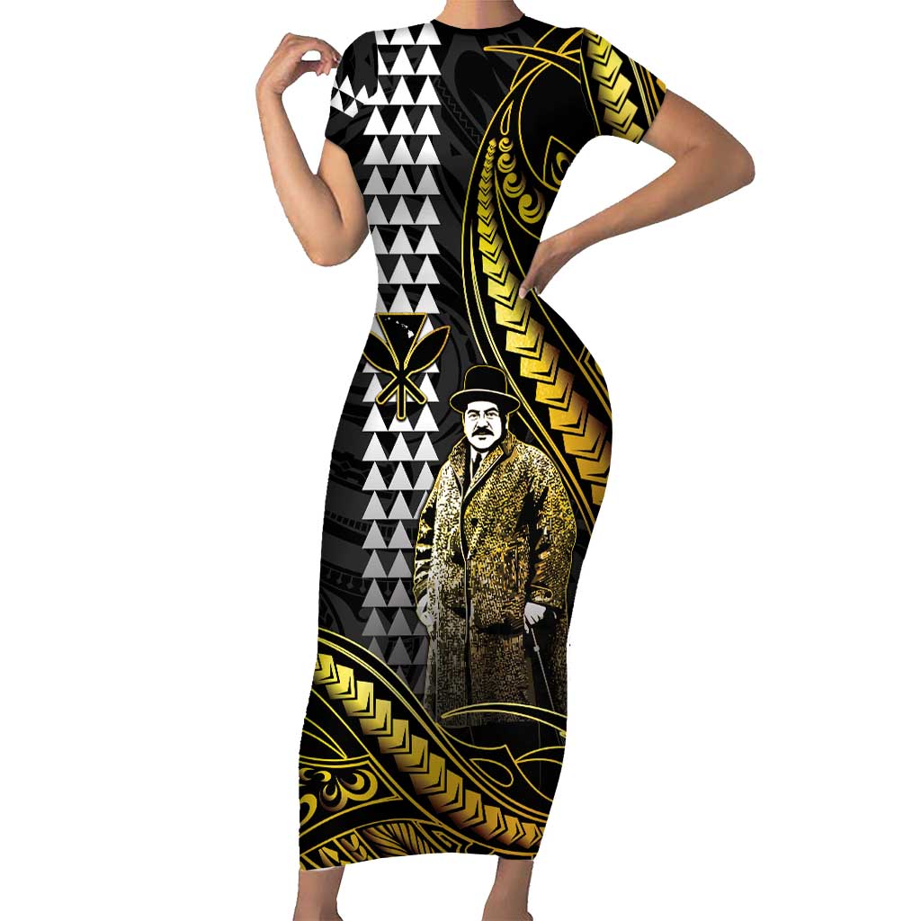 Hawaii Kuhio The Citizen Prince Family Matching Short Sleeve Bodycon Dress and Hawaiian Shirt Gold Polynesian Tribal Tattoo