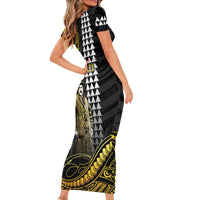 Hawaii Kuhio The Citizen Prince Family Matching Short Sleeve Bodycon Dress and Hawaiian Shirt Gold Polynesian Tribal Tattoo