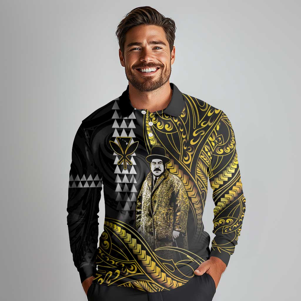 Hawaii Kuhio The Citizen Prince Long Sleeve Polo Shirt Gold Polynesian Tribal Tattoo