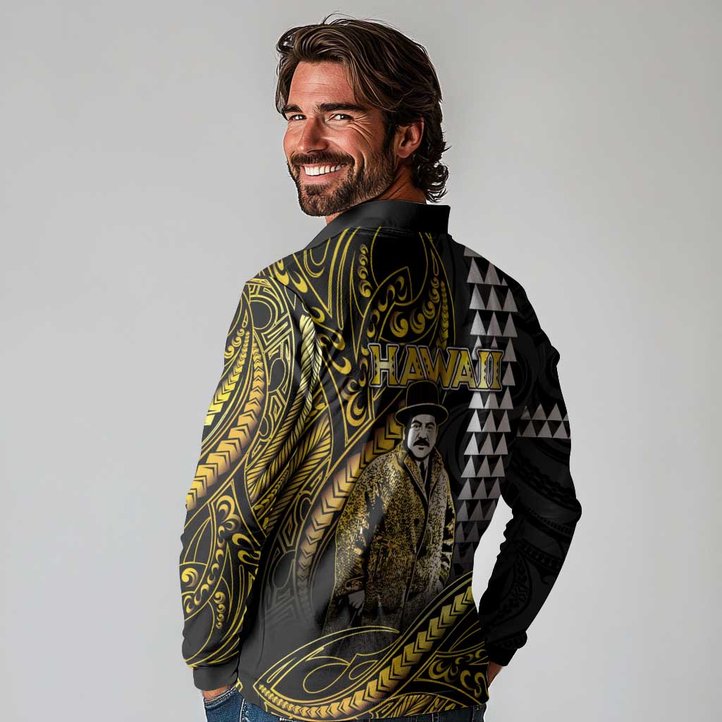 Hawaii Kuhio The Citizen Prince Long Sleeve Polo Shirt Gold Polynesian Tribal Tattoo