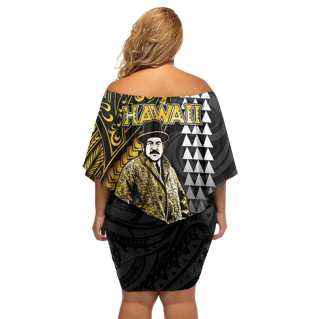 Hawaii Kuhio The Citizen Prince Off Shoulder Short Dress Gold Polynesian Tribal Tattoo