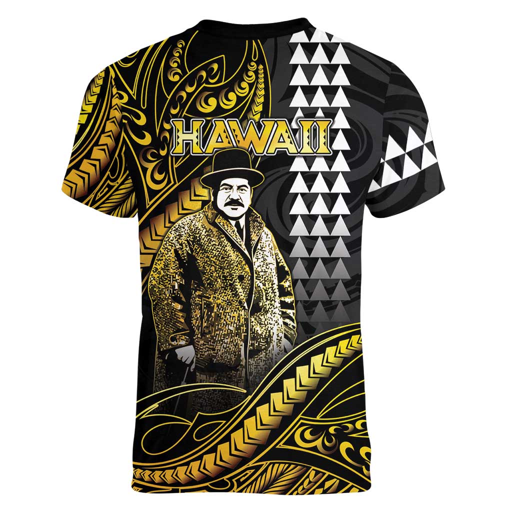 Hawaii Kuhio The Citizen Prince Women V-Neck T-Shirt Gold Polynesian Tribal Tattoo