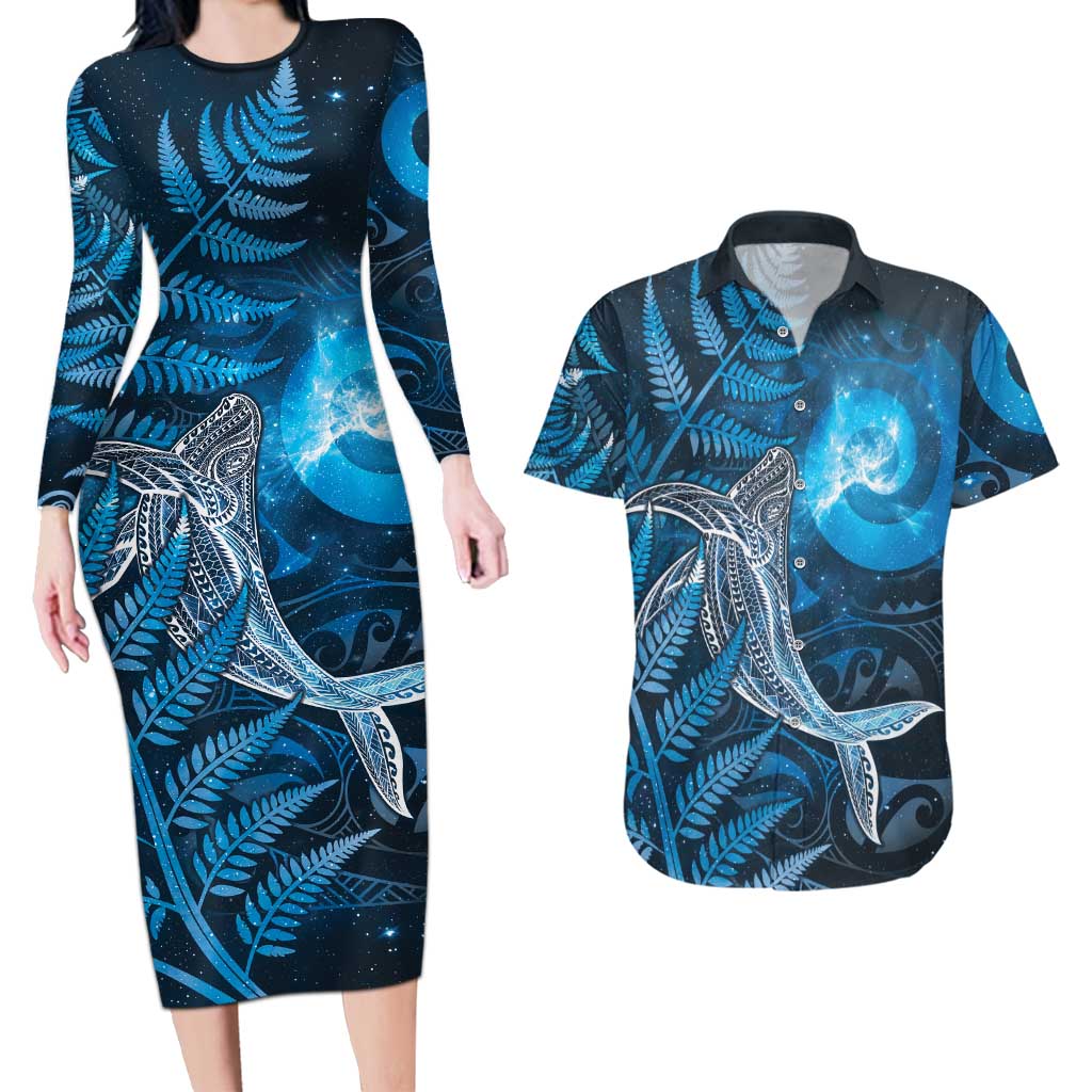 New Zealand Matariki Couples Matching Long Sleeve Bodycon Dress and Hawaiian Shirt Maori Koru With Humpback Whale Blue