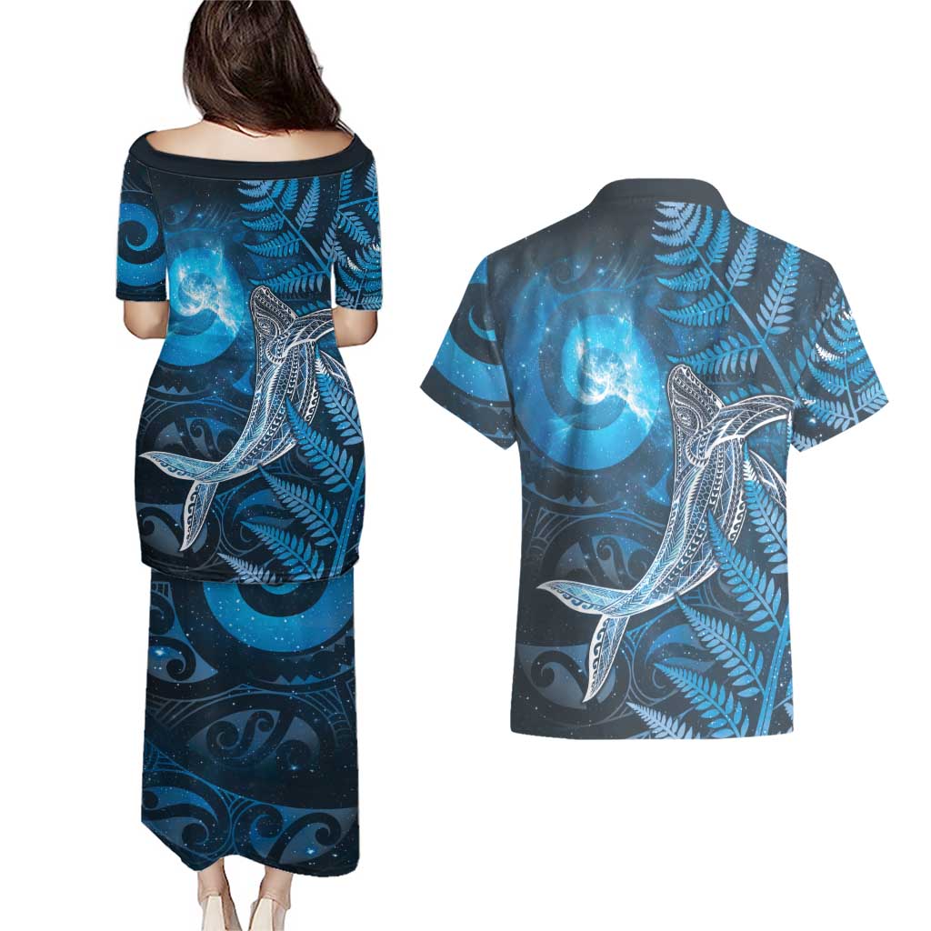 New Zealand Matariki Couples Matching Puletasi and Hawaiian Shirt Maori Koru With Humpback Whale Blue