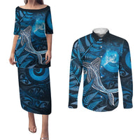 New Zealand Matariki Couples Matching Puletasi and Long Sleeve Button Shirt Maori Koru With Humpback Whale Blue LT05 Blue - Polynesian Pride
