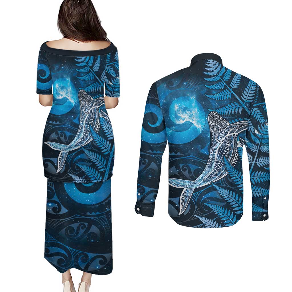 New Zealand Matariki Couples Matching Puletasi and Long Sleeve Button Shirt Maori Koru With Humpback Whale Blue LT05 - Polynesian Pride
