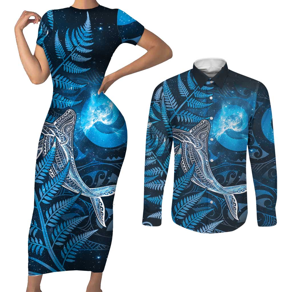 New Zealand Matariki Couples Matching Short Sleeve Bodycon Dress and Long Sleeve Button Shirt Maori Koru With Humpback Whale Blue