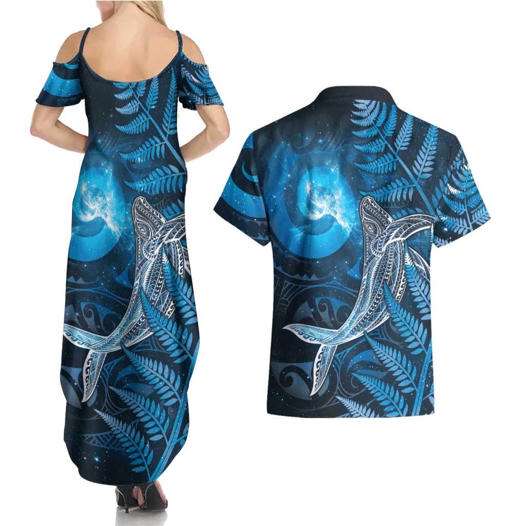 New Zealand Matariki Couples Matching Summer Maxi Dress and Hawaiian Shirt Maori Koru With Humpback Whale Blue