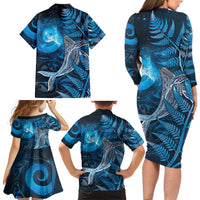 New Zealand Matariki Family Matching Long Sleeve Bodycon Dress and Hawaiian Shirt Maori Koru With Humpback Whale Blue