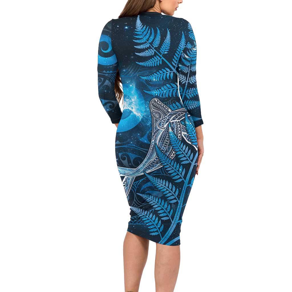 New Zealand Matariki Family Matching Long Sleeve Bodycon Dress and Hawaiian Shirt Maori Koru With Humpback Whale Blue