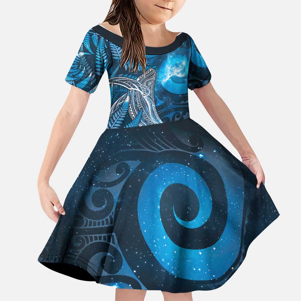 New Zealand Matariki Family Matching Mermaid Dress and Hawaiian Shirt Maori Koru With Humpback Whale Blue LT05 Daughter's Dress Blue - Polynesian Pride