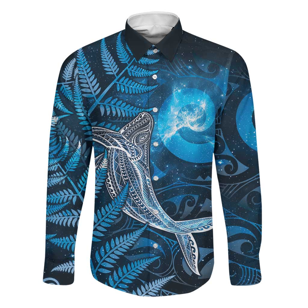 New Zealand Matariki Family Matching Mermaid Dress and Hawaiian Shirt Maori Koru With Humpback Whale Blue LT05 Dad's Shirt - Long Sleeve Blue - Polynesian Pride