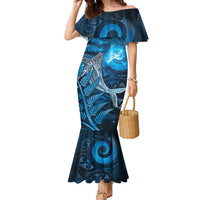 New Zealand Matariki Family Matching Mermaid Dress and Hawaiian Shirt Maori Koru With Humpback Whale Blue LT05 Mom's Dress Blue - Polynesian Pride