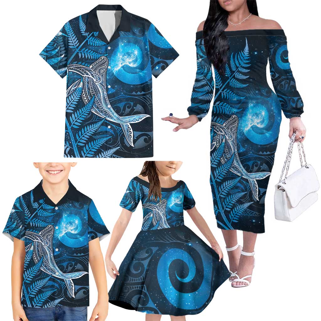 New Zealand Matariki Family Matching Off The Shoulder Long Sleeve Dress and Hawaiian Shirt Maori Koru With Humpback Whale Blue