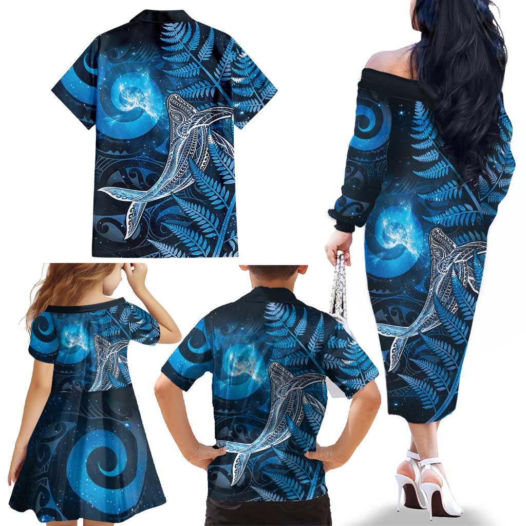 New Zealand Matariki Family Matching Off The Shoulder Long Sleeve Dress and Hawaiian Shirt Maori Koru With Humpback Whale Blue