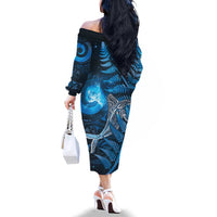 New Zealand Matariki Family Matching Off The Shoulder Long Sleeve Dress and Hawaiian Shirt Maori Koru With Humpback Whale Blue