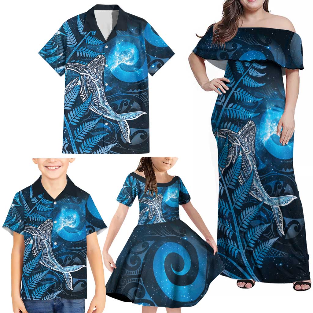 New Zealand Matariki Family Matching Off Shoulder Maxi Dress and Hawaiian Shirt Maori Koru With Humpback Whale Blue