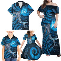 New Zealand Matariki Family Matching Off Shoulder Maxi Dress and Hawaiian Shirt Maori Koru With Humpback Whale Blue