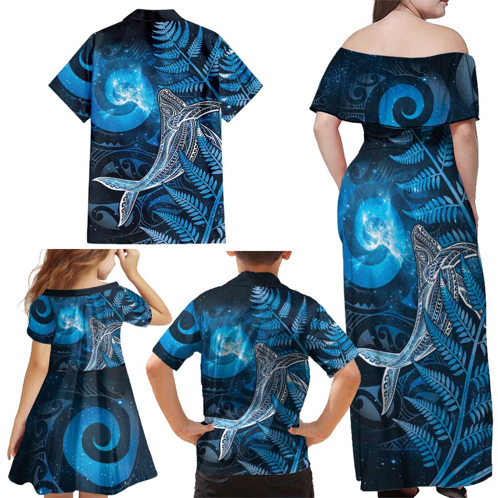 New Zealand Matariki Family Matching Off Shoulder Maxi Dress and Hawaiian Shirt Maori Koru With Humpback Whale Blue