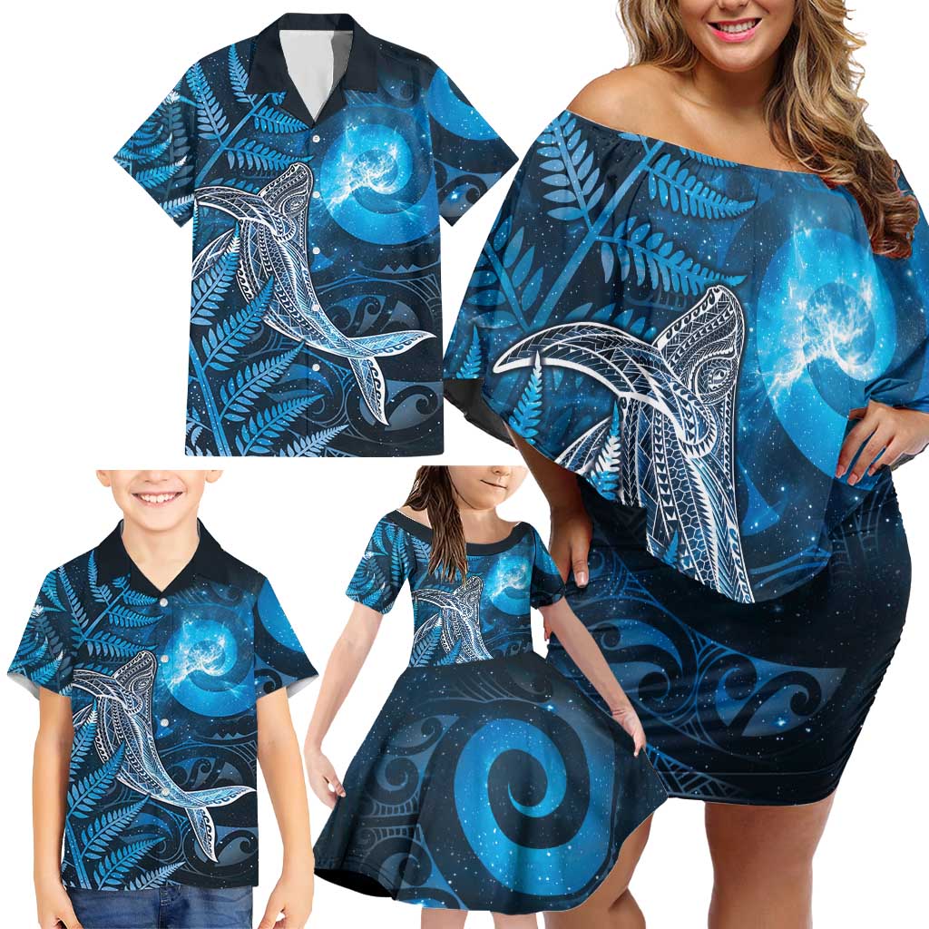 New Zealand Matariki Family Matching Off Shoulder Short Dress and Hawaiian Shirt Maori Koru With Humpback Whale Blue
