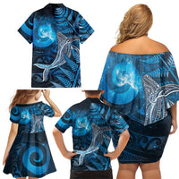 New Zealand Matariki Family Matching Off Shoulder Short Dress and Hawaiian Shirt Maori Koru With Humpback Whale Blue
